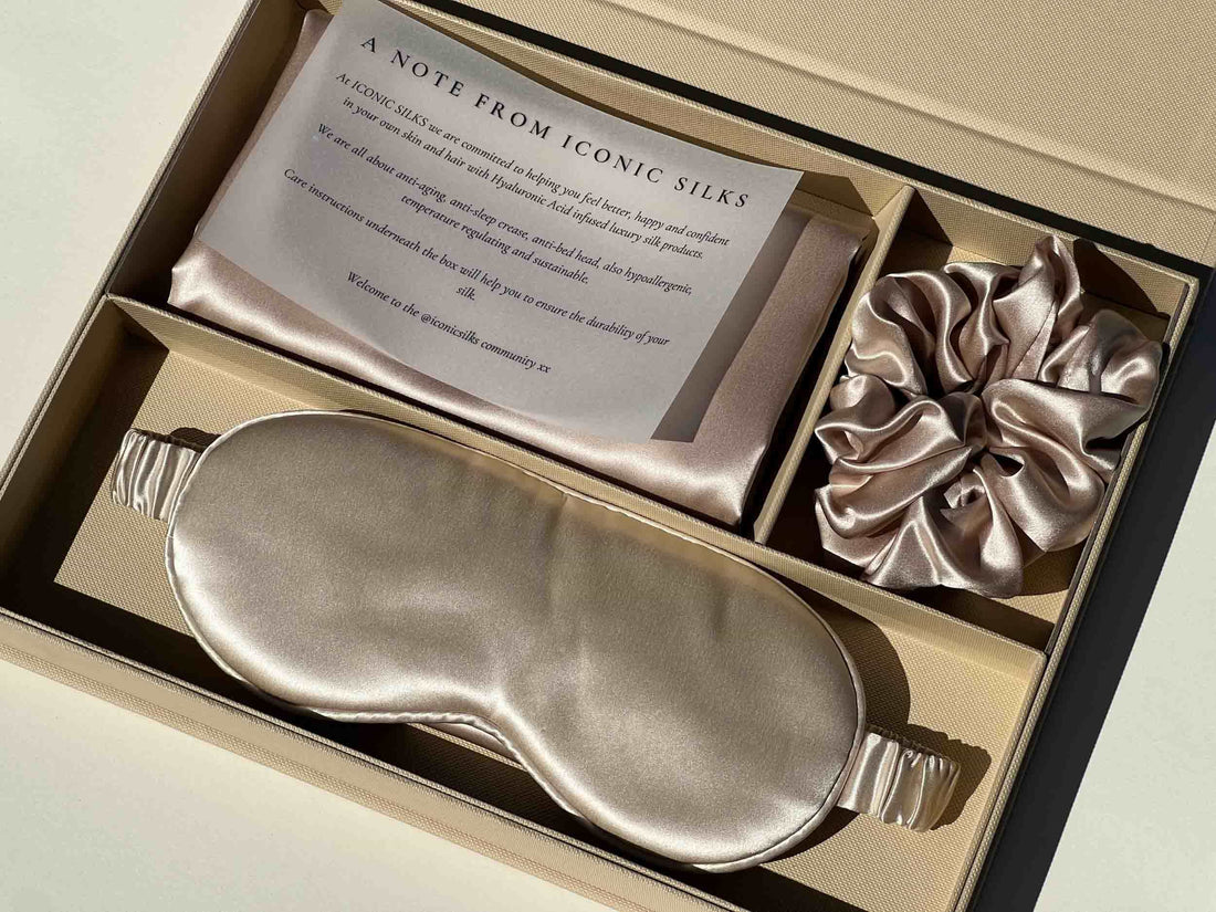 Experience the ultimate beauty sleep with our Hyaluronic Acid-infused silk set. Our luxurious silk pillowcase, eye mask, and scrunchie are all infused with skin-loving Hyaluronic Acid to help hydrate, plump, and soothe your skin and hair as you sleep. Wake up feeling refreshed and rejuvenated with the power of Hyaluronic Acid and the silky smoothness of our high-quality silk fiber.