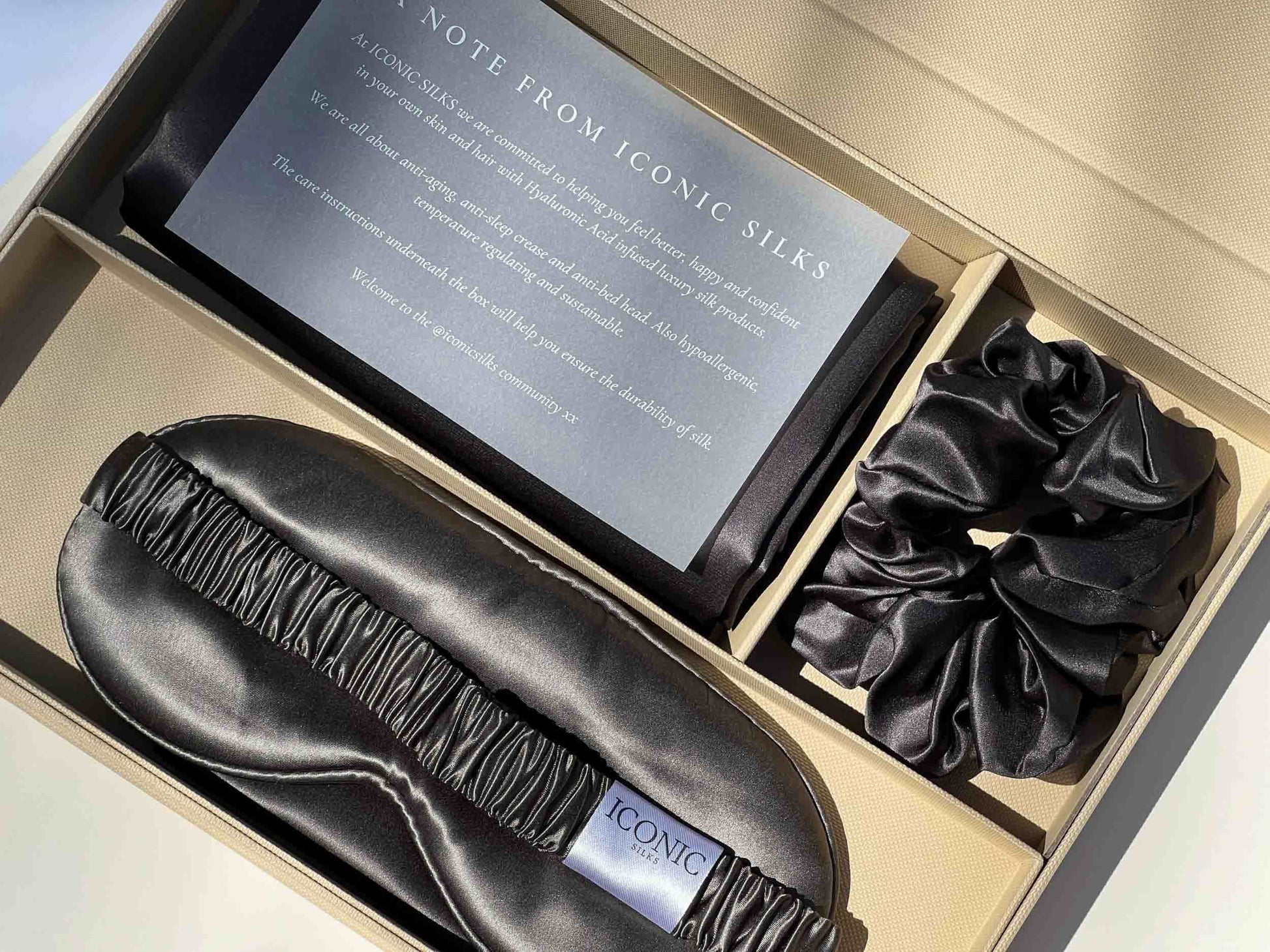 Experience the ultimate beauty sleep with our Hyaluronic Acid-infused silk set. Our luxurious silk pillowcase, eye mask, and scrunchie are all infused with skin-loving Hyaluronic Acid to help hydrate, plump, and soothe your skin and hair as you sleep. Wake up feeling refreshed and rejuvenated with the power of Hyaluronic Acid and the silky smoothness of our high-quality silk fiber.