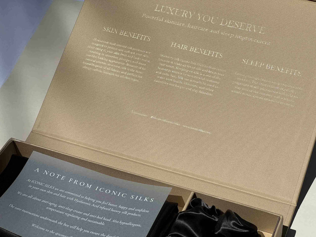 Experience the ultimate beauty sleep with our Hyaluronic Acid-infused silk set. Our luxurious silk pillowcase, eye mask, and scrunchie are all infused with skin-loving Hyaluronic Acid to help hydrate, plump, and soothe your skin and hair as you sleep. Wake up feeling refreshed and rejuvenated with the power of Hyaluronic Acid and the silky smoothness of our high-quality silk fiber.