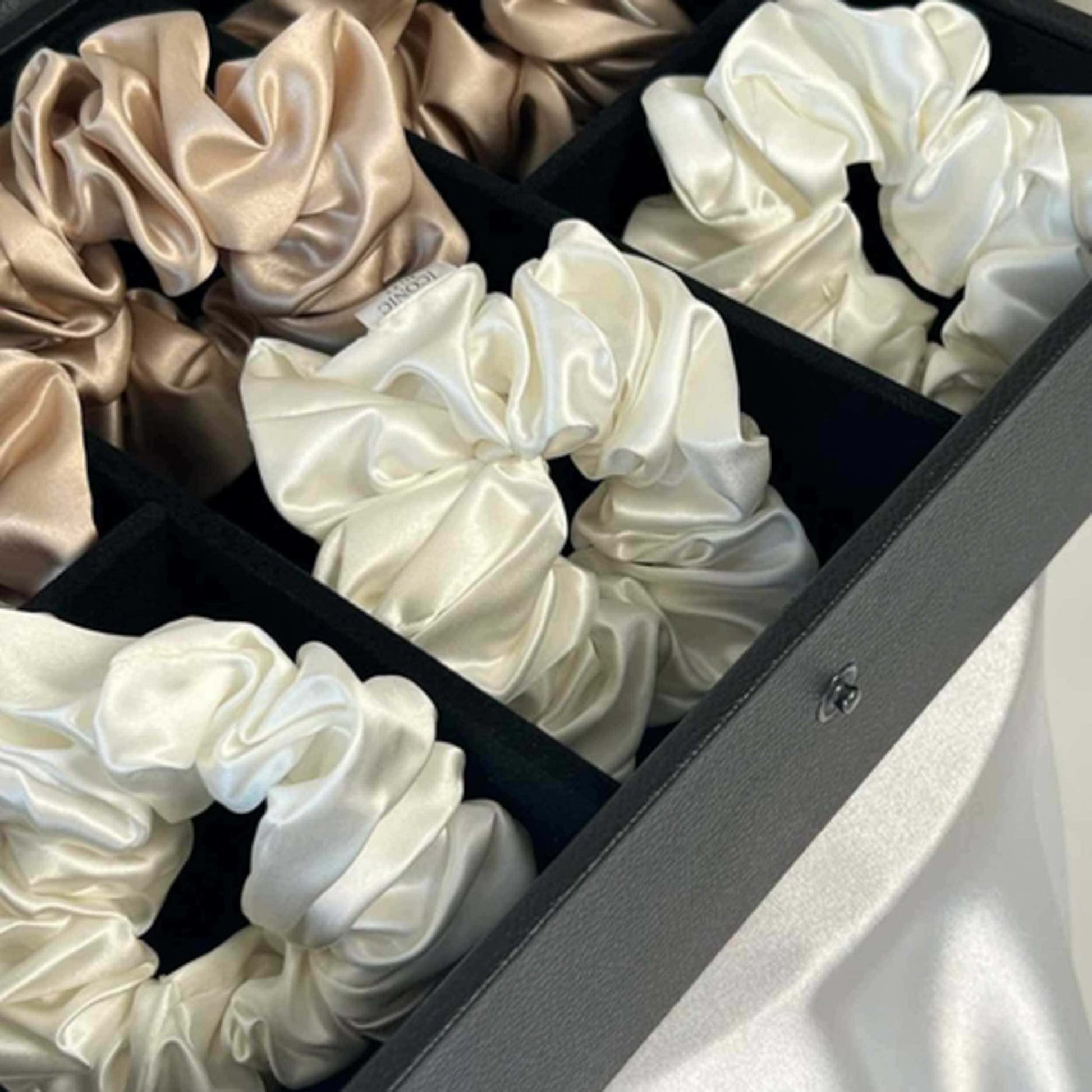 Save yourself from hair breakage and knots and allow our silky scrunchies to improve the quality of your hair's life! We use the highest quality (6A) 100% Mulberry silk that helps to ensure your endless experience. Antibacterial, hypoallergenic, and Hyaluronic Acid infused scrunchies.